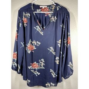 Fun2Fun Women's V-Neck Floral 3/4 Sleeve Boho Blouse Size 3X Blue Sheer Flowy